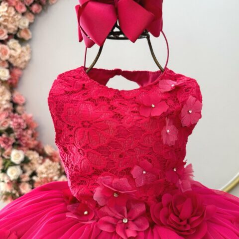 Vestido Infantil Pink Rendado com Flores em Aplique