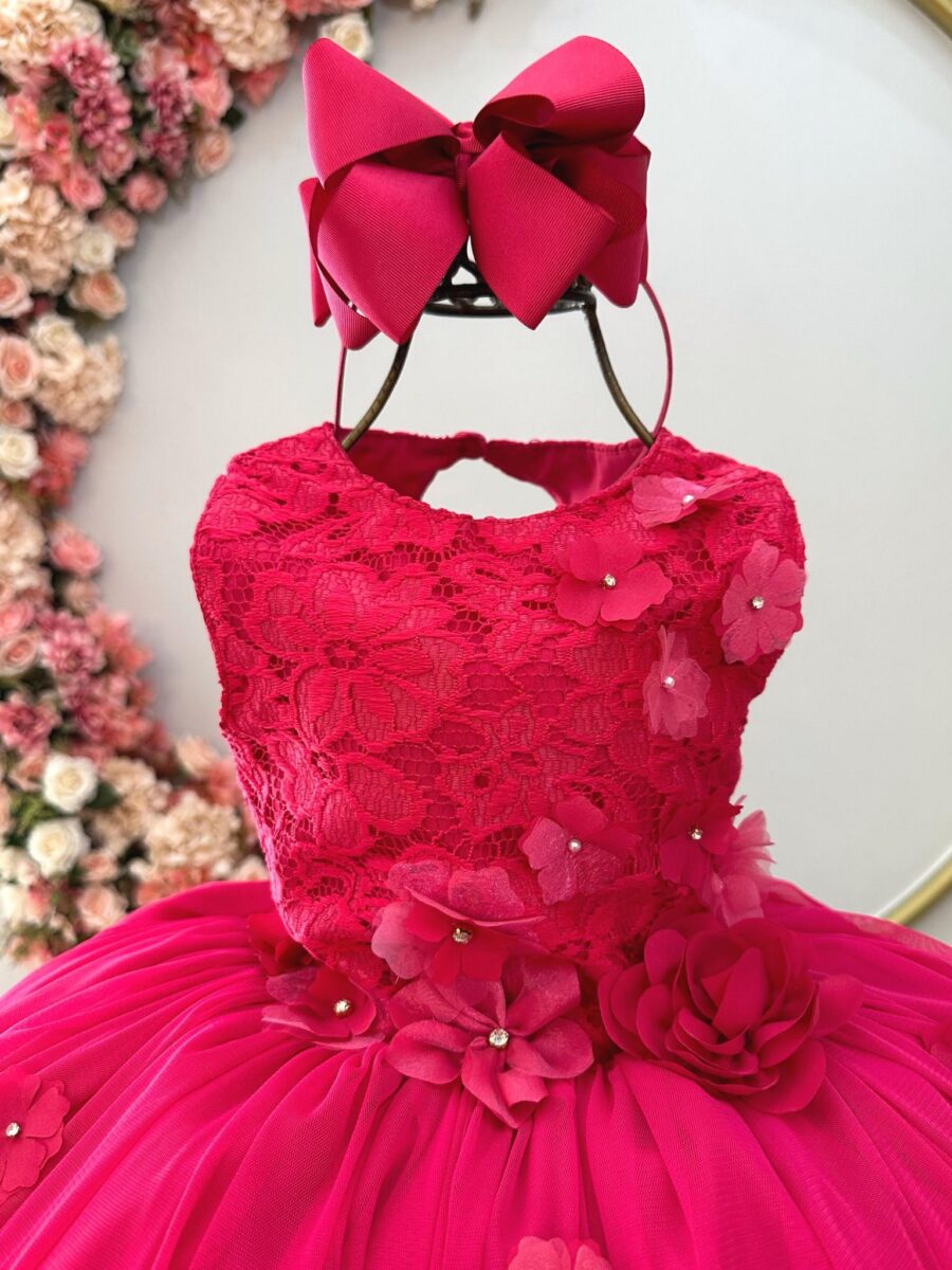 Vestido Infantil Pink Rendado com Flores em Aplique