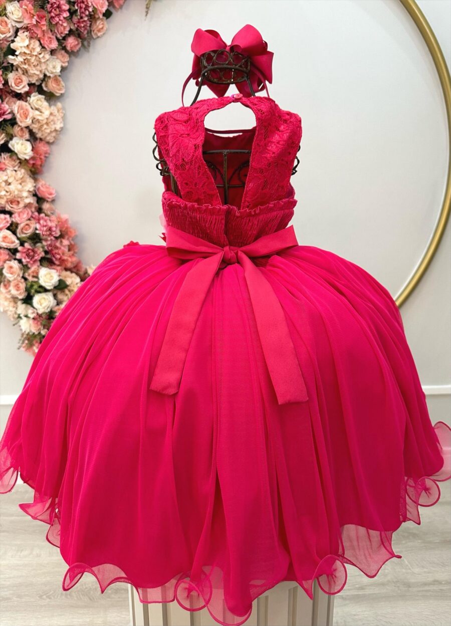 Vestido Infantil Pink Rendado com Flores em Aplique