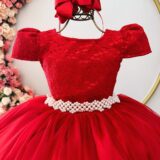 Vestido Infantil Longo Vermelho Tule e Renda Dama