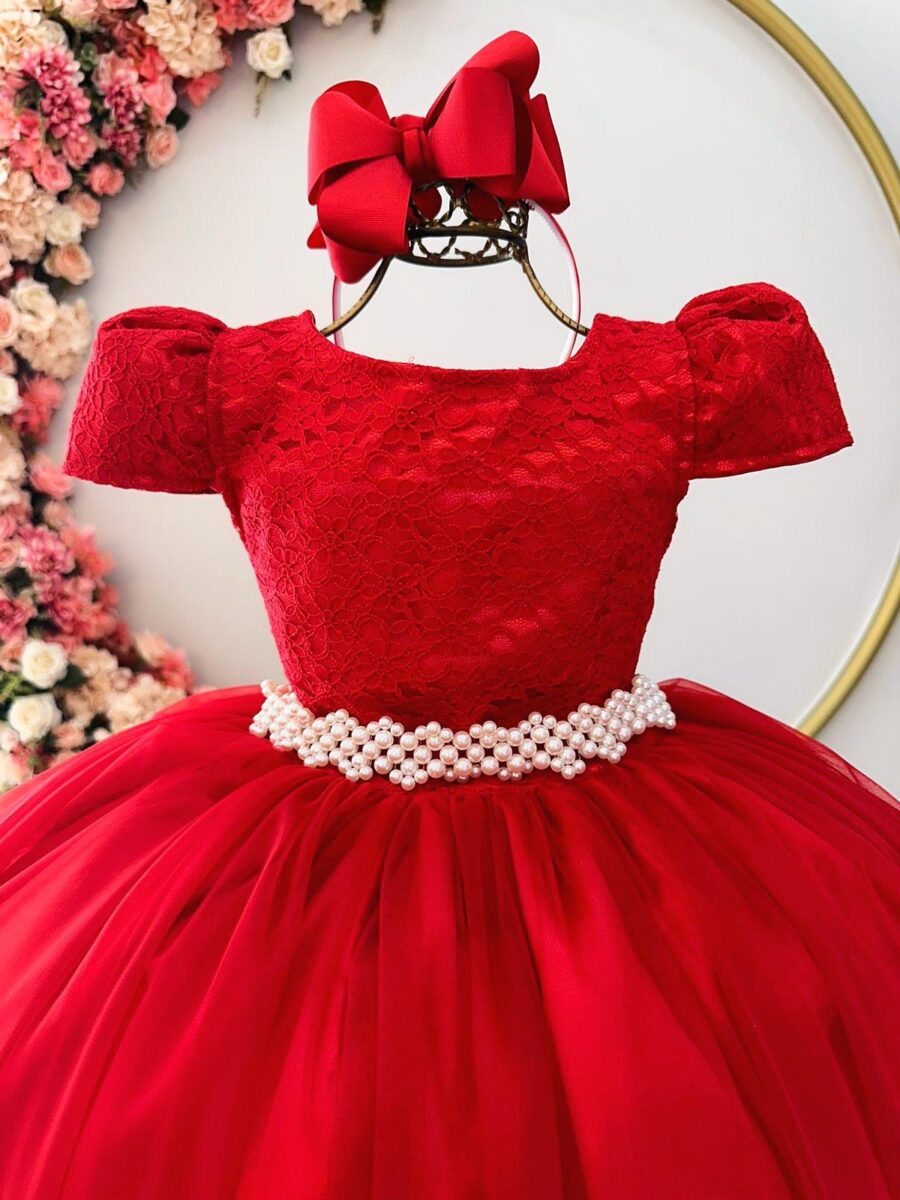 Vestido Infantil Longo Vermelho Tule e Renda Dama