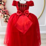 Vestido Infantil Longo Vermelho Tule e Renda Dama