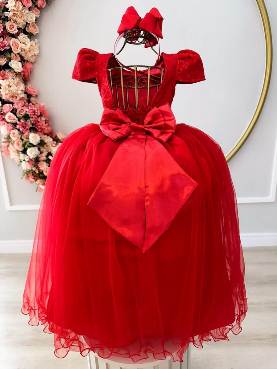 Vestido Infantil Longo Vermelho Tule e Renda Dama
