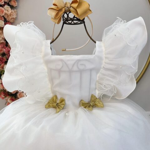 Vestido Infantil Off White com Broches Dourados Natal