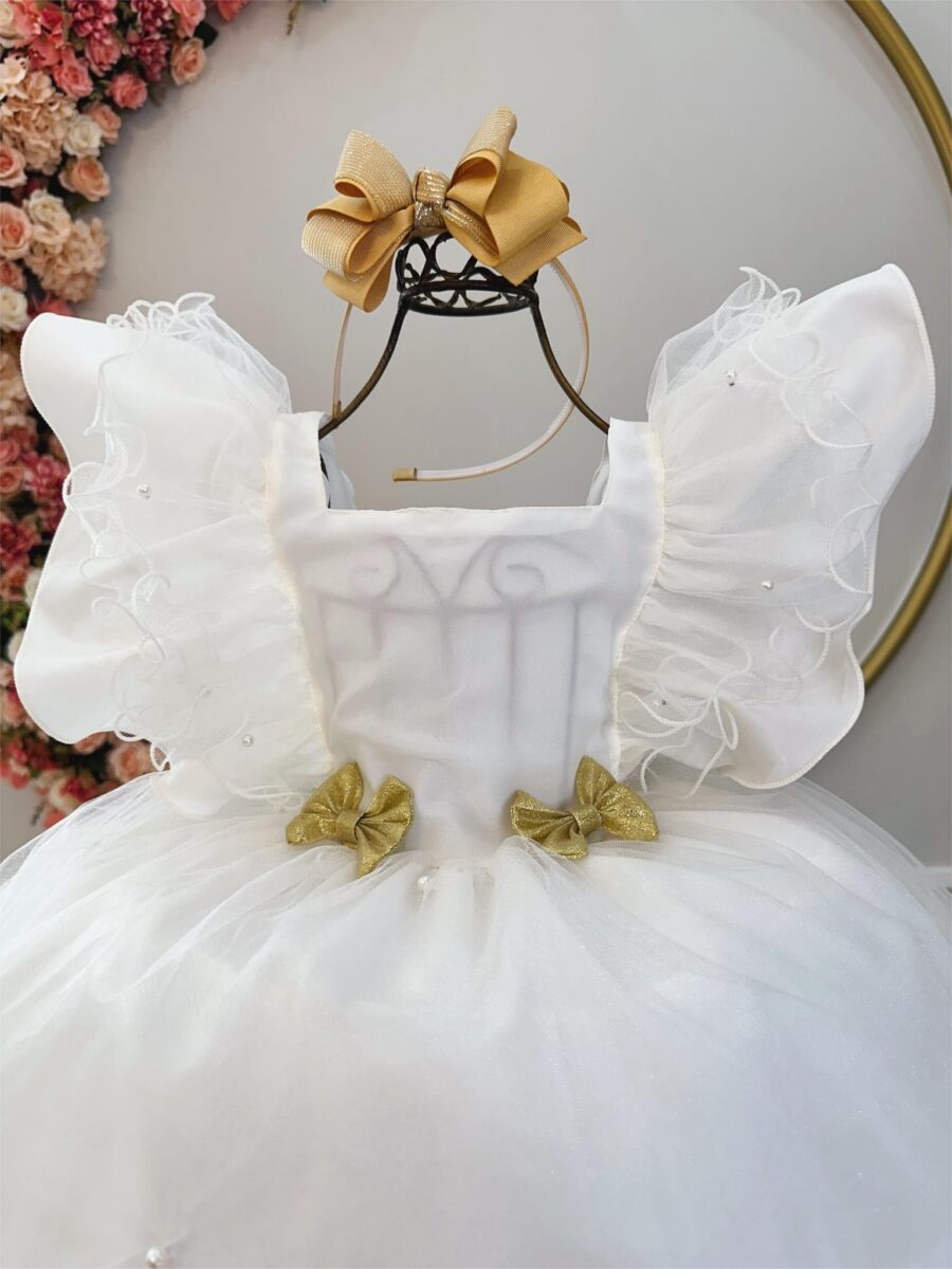 Vestido Infantil Off White com Broches Dourados Natal
