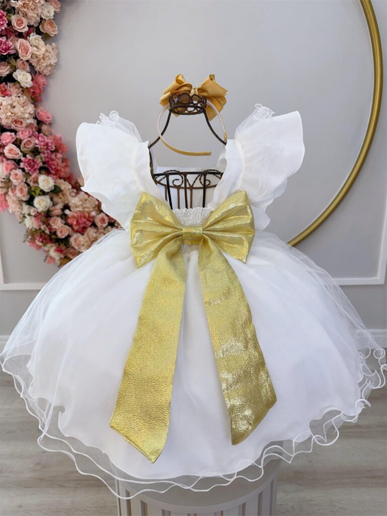 Vestido Infantil Off White com Broches Dourados Natal