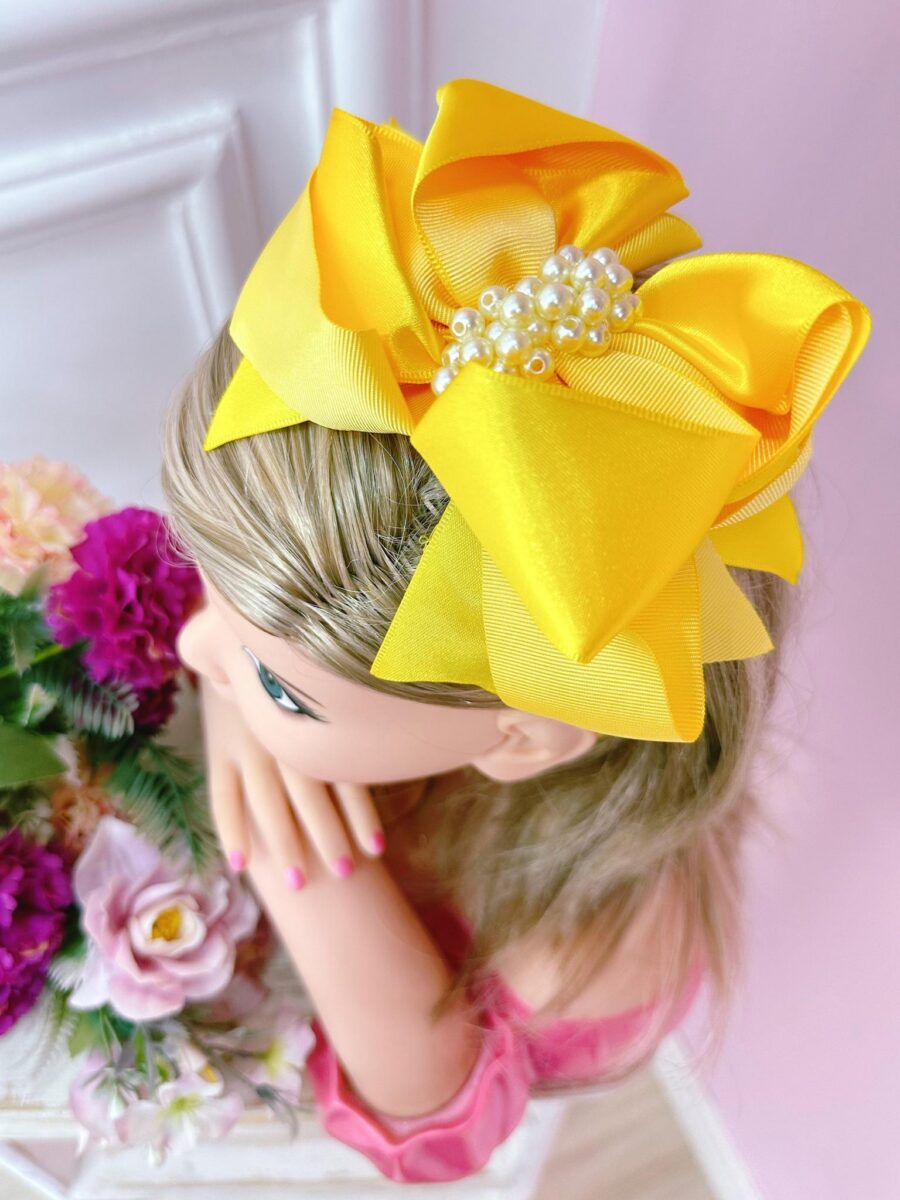 Tiara Infantil Maxi Laço Amarelo com Pérolas