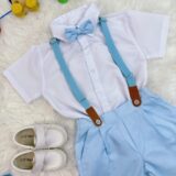 Conjunto Social Infantil Short Gravata Suspensório Azul Bebê