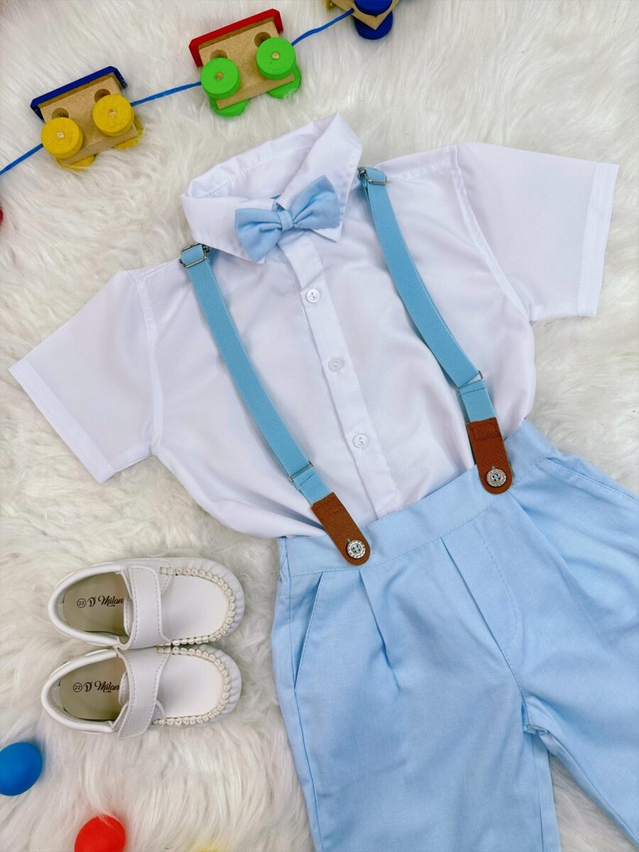 Conjunto Social Infantil Short Gravata Suspensório Azul Bebê