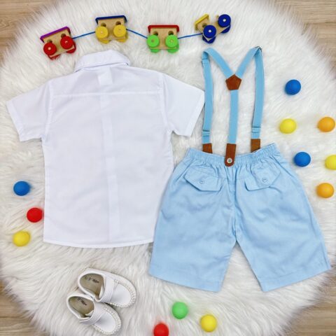 Conjunto Social Infantil Short Gravata Suspensório Azul Bebê