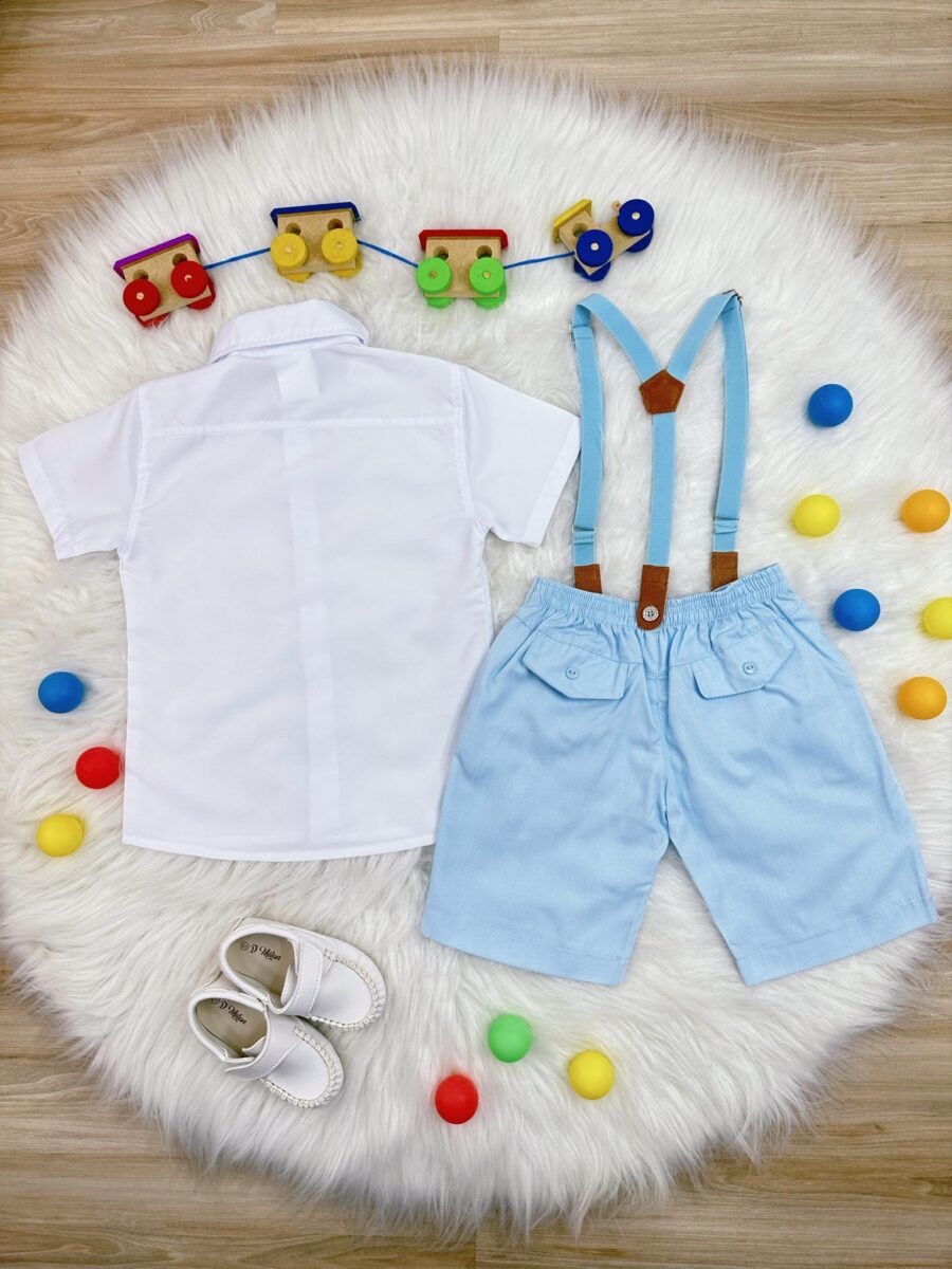 Conjunto Social Infantil Short Gravata Suspensório Azul Bebê