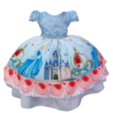 Vestido Infantil Princesa Cinderela Azul Renda e Pérolas