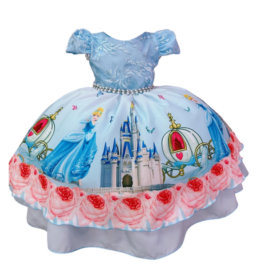 Vestido Infantil Princesa Cinderela Azul Renda e Pérolas