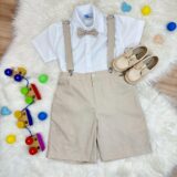Conjunto Social Infantil Short Gravata Suspensório Bege