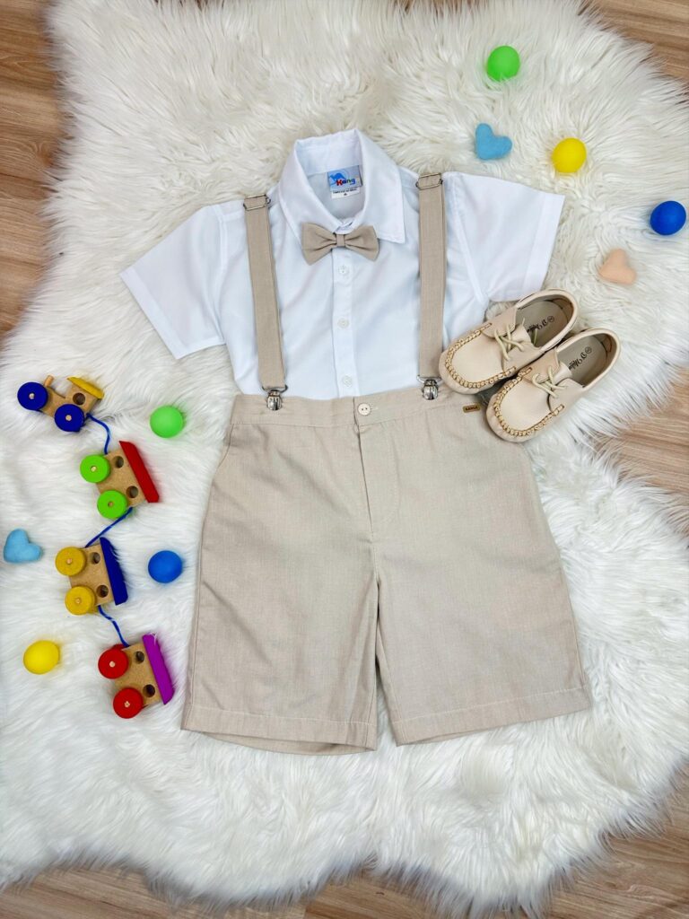 Conjunto Social Infantil Short Gravata Suspensório Bege