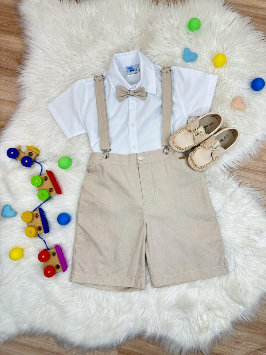 Conjunto Social Infantil Short Gravata Suspensório Bege
