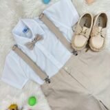 Conjunto Social Infantil Short Gravata Suspensório Bege