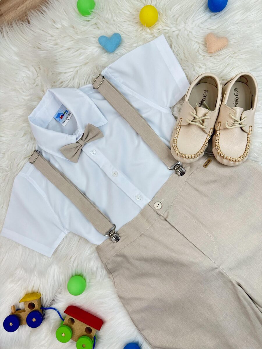 Conjunto Social Infantil Short Gravata Suspensório Bege