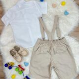 Conjunto Social Infantil Short Gravata Suspensório Bege