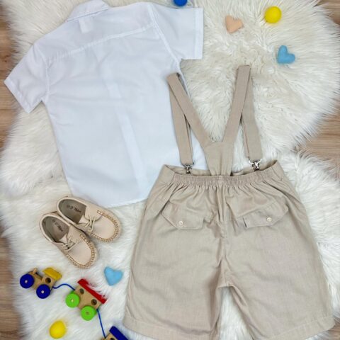 Conjunto Social Infantil Short Gravata Suspensório Bege