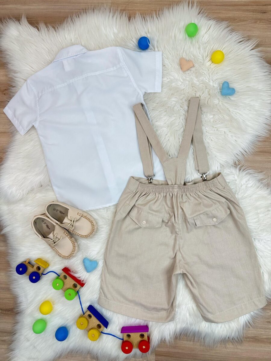 Conjunto Social Infantil Short Gravata Suspensório Bege