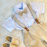 Conjunto Social Infantil Camisa Bermuda Suspensório Bege