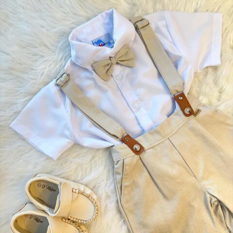 Conjunto Social Infantil Camisa Bermuda Suspensório Bege