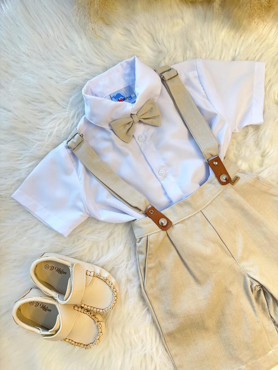 Conjunto Social Infantil Camisa Bermuda Suspensório Bege