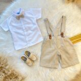Conjunto Social Infantil Camisa Bermuda Suspensório Bege
