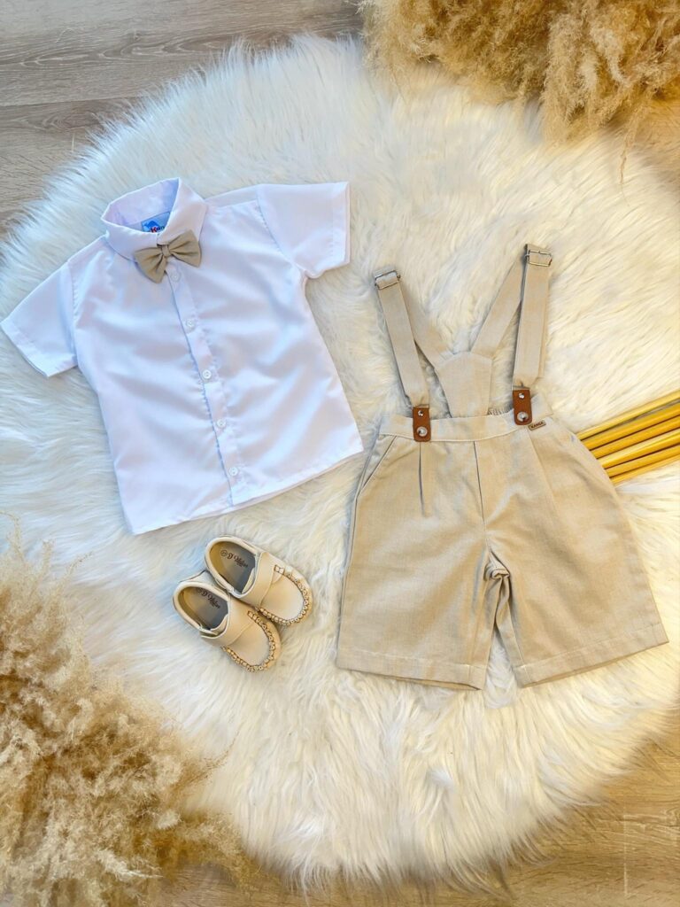 Conjunto Social Infantil Camisa Bermuda Suspensório Bege