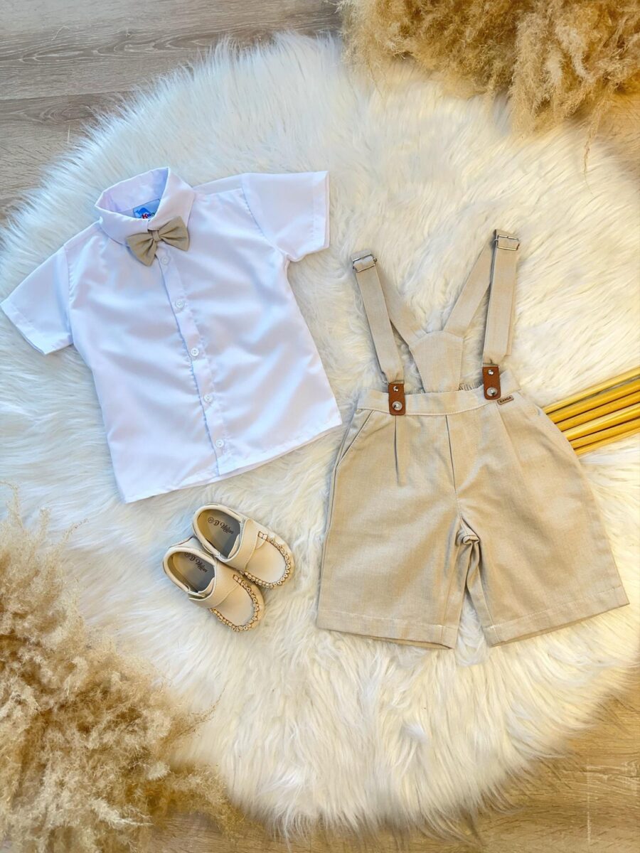Conjunto Social Infantil Camisa Bermuda Suspensório Bege