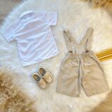Conjunto Social Infantil Camisa Bermuda Suspensório Bege
