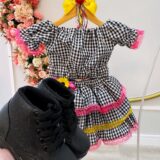 Conjunto Junino Infantil Cropped e Mini Saia Xadrez Preto