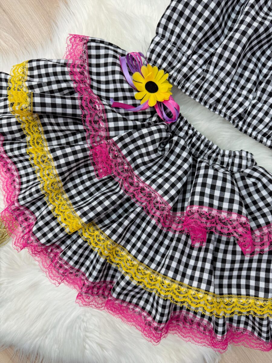 Conjunto Junino Infantil Cropped e Mini Saia Xadrez Preto