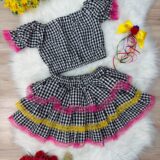 Conjunto Junino Infantil Cropped e Mini Saia Xadrez Preto