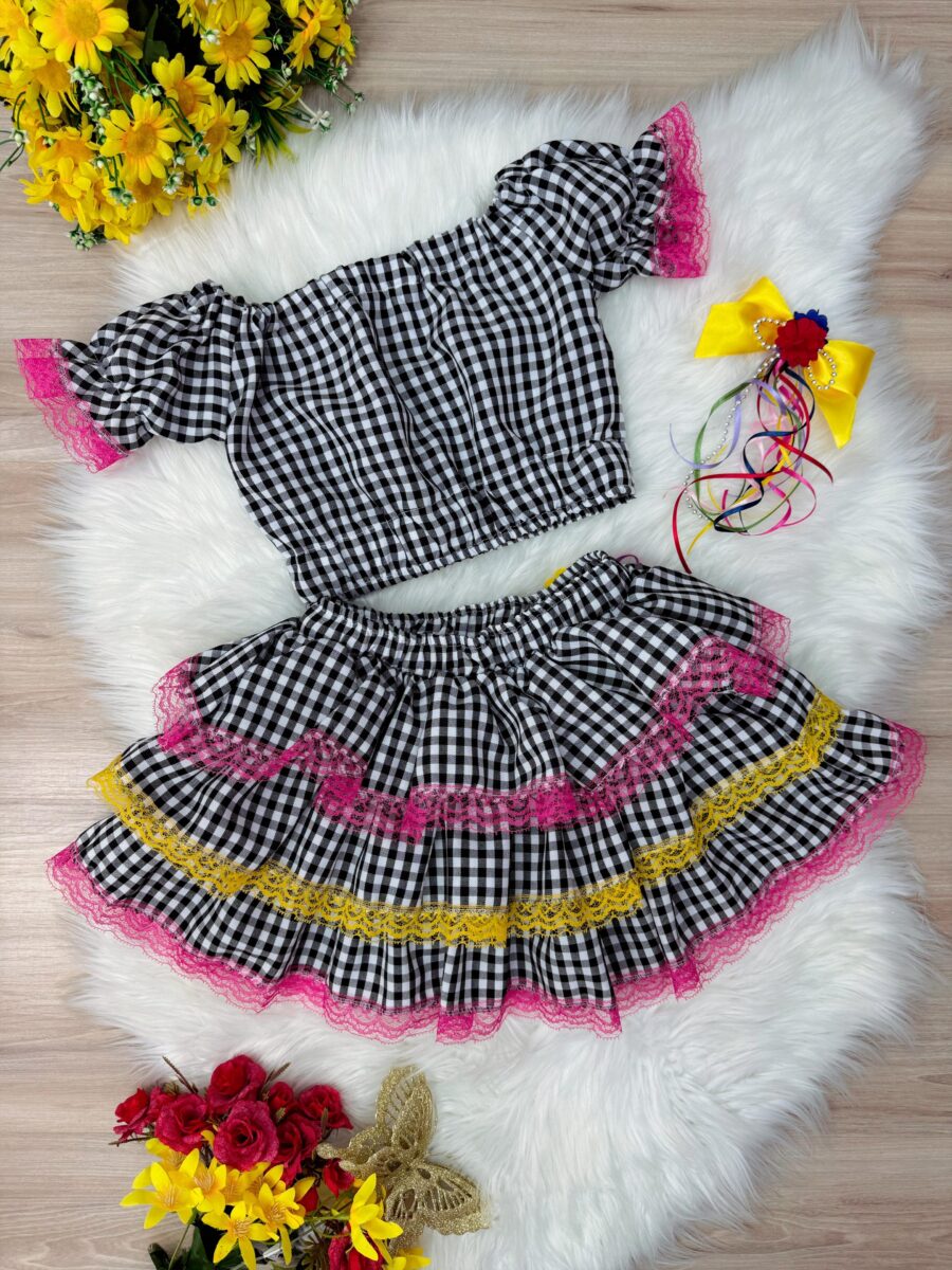 Conjunto Junino Infantil Cropped e Mini Saia Xadrez Preto