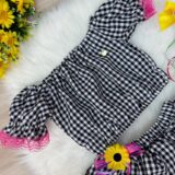 Conjunto Junino Infantil Cropped e Mini Saia Xadrez Preto