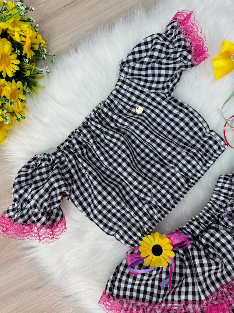 Conjunto Junino Infantil Cropped e Mini Saia Xadrez Preto