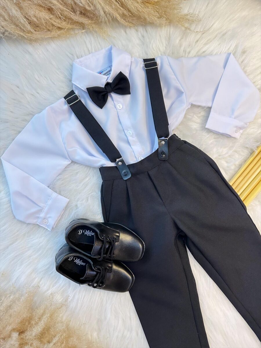 Conjunto Social Infantil Calça Suspensório Preto Algodão