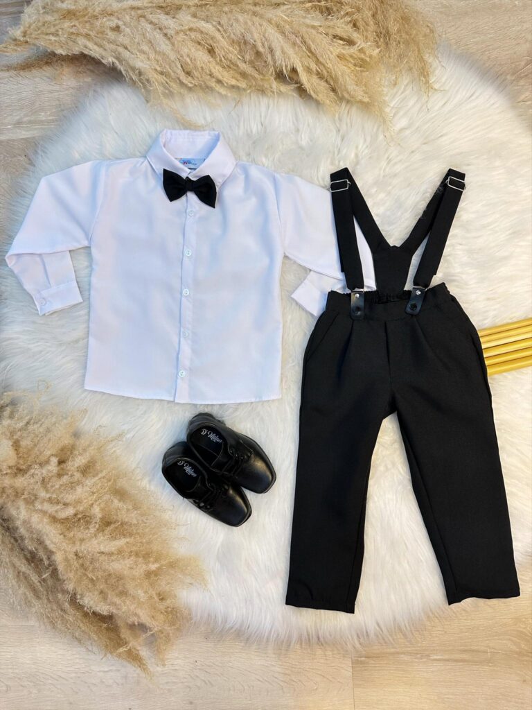 Conjunto Social Infantil Calça Suspensório Preto Algodão