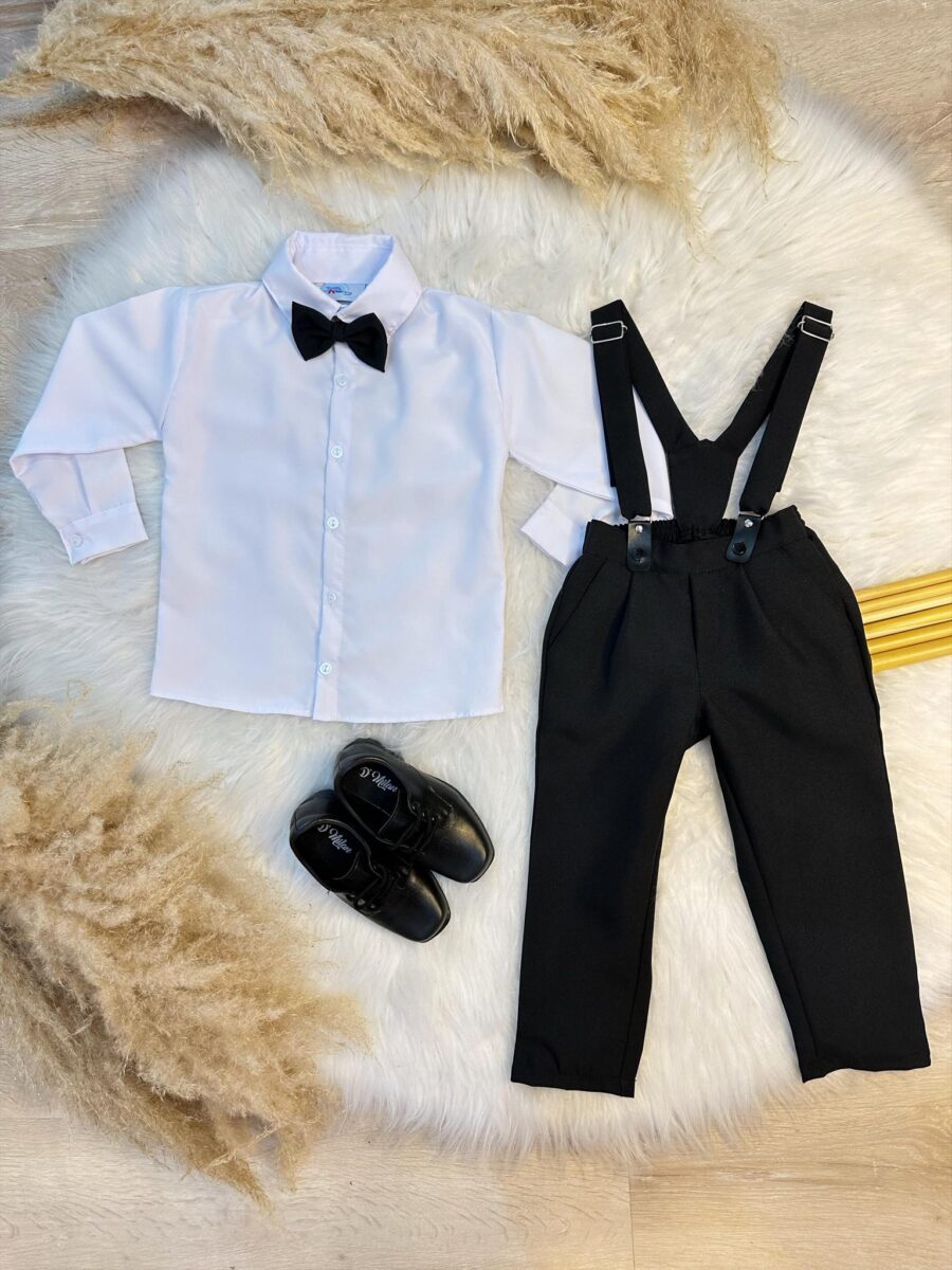 Conjunto Social Infantil Calça Suspensório Preto Algodão