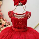 Vestido Infantil Vermelho Renda e Tule com Brilho Dama