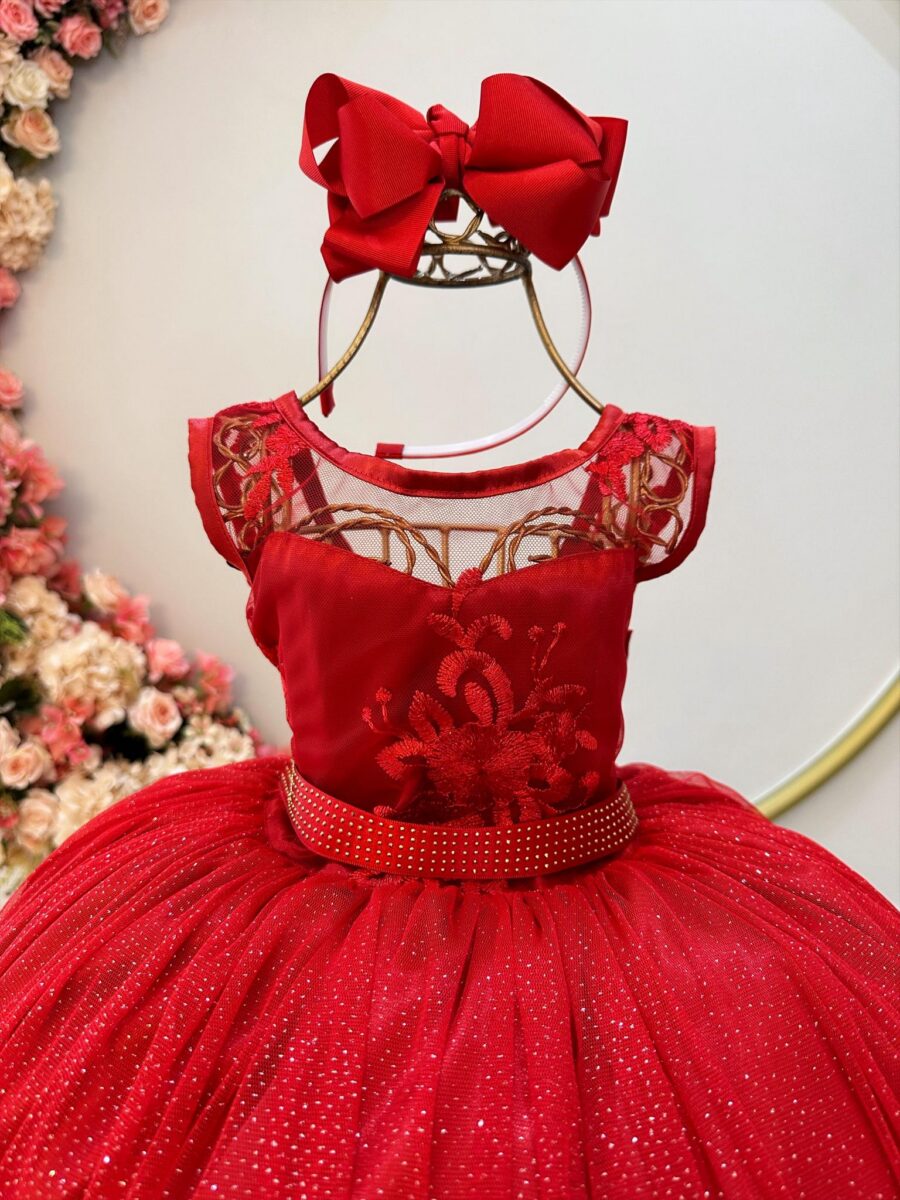 Vestido Infantil Vermelho Renda e Tule com Brilho Dama