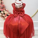 Vestido Infantil Vermelho Renda e Tule com Brilho Dama