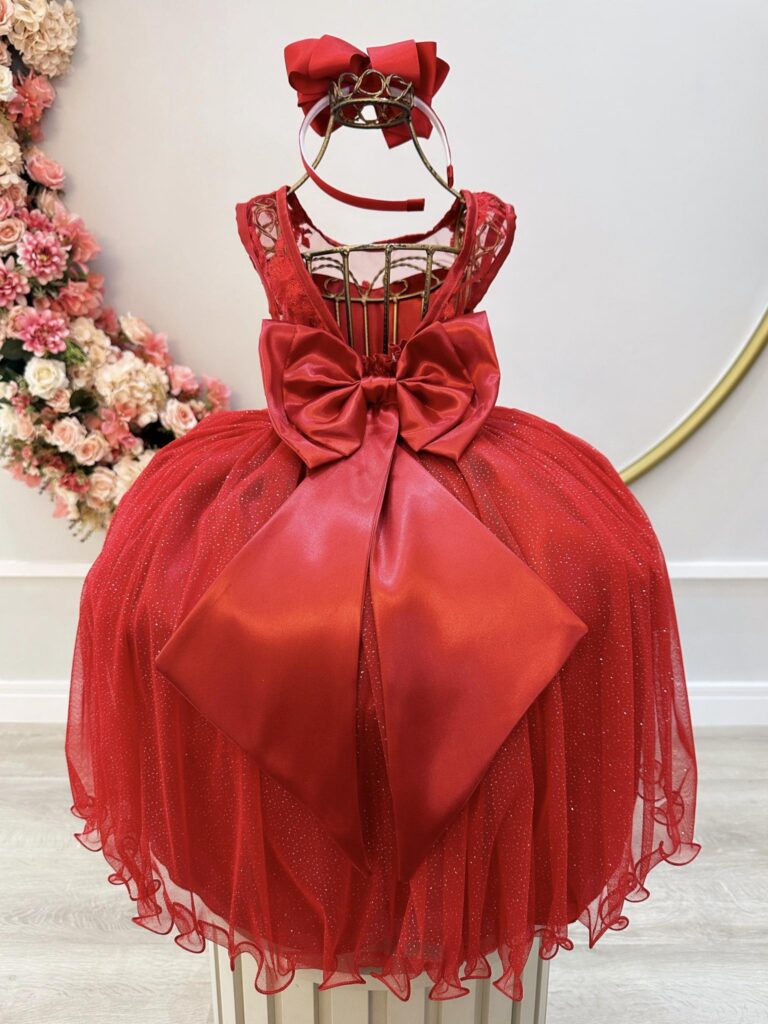 Vestido Infantil Vermelho Renda e Tule com Brilho Dama