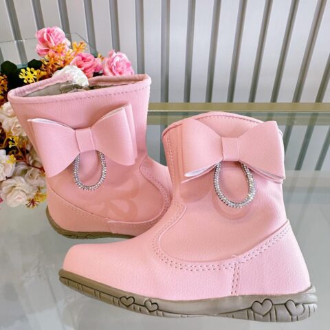 Botinha Infantil Rosa Fosco Courino com Laço Strass e Zíper