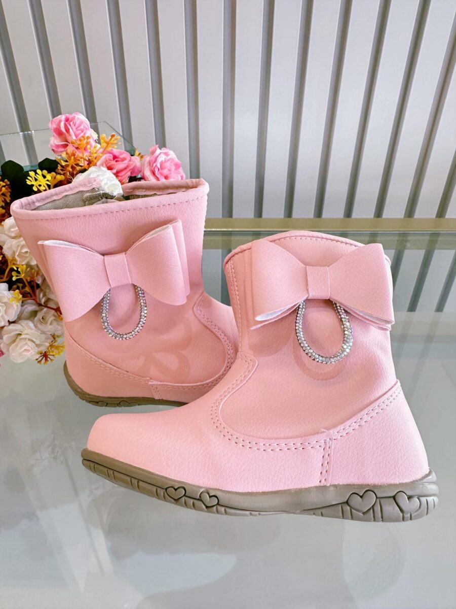 Botinha Infantil Rosa Fosco Courino com Laço Strass e Zíper