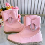 Botinha Infantil Rosa Fosco Courino com Laço Strass e Zíper
