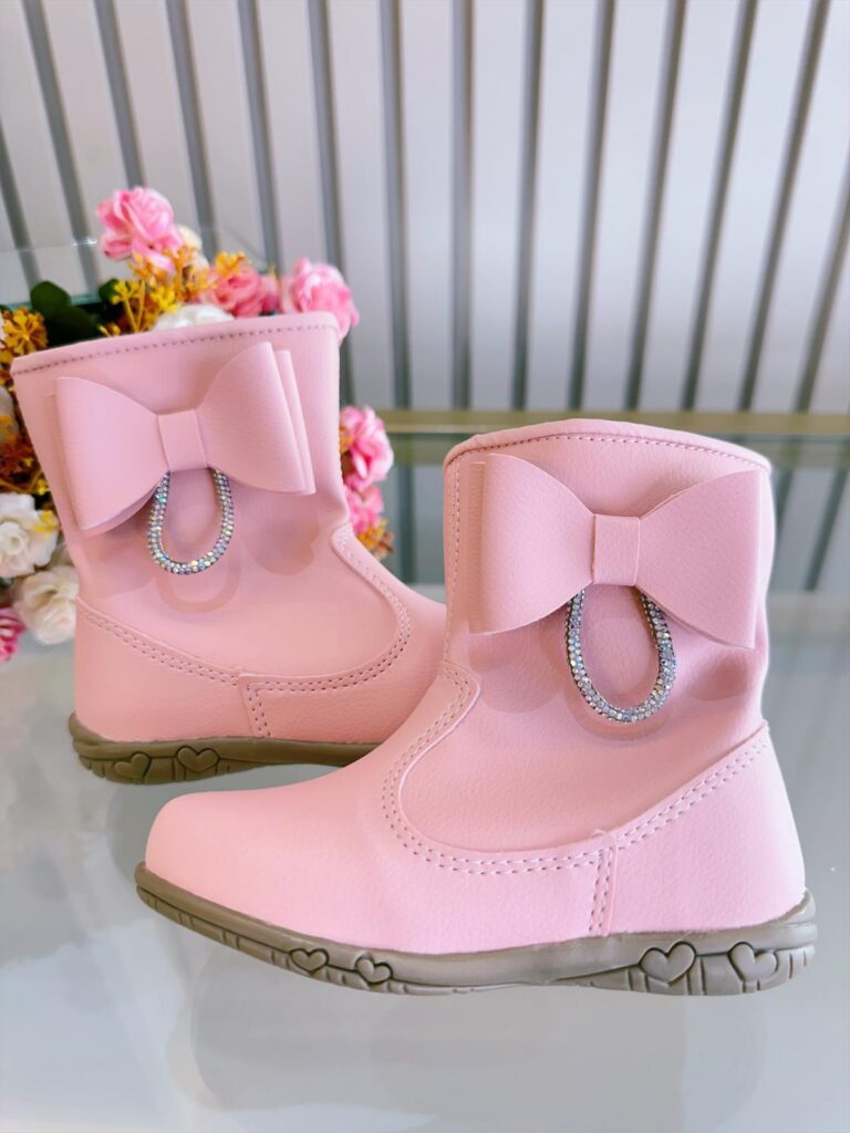 Botinha Infantil Rosa Fosco Courino com Laço Strass e Zíper