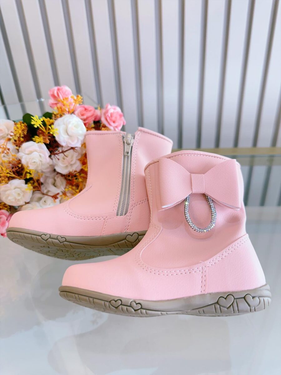 Botinha Infantil Rosa Fosco Courino com Laço Strass e Zíper